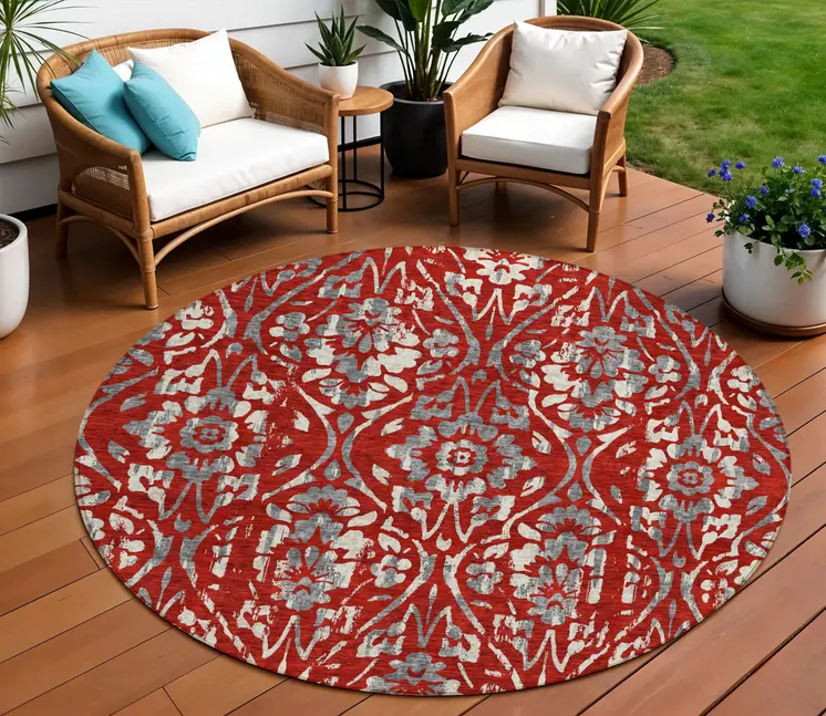 8' Red Ivory And Dark Gray Round Floral Washable Indoor Outdoor Area Rug