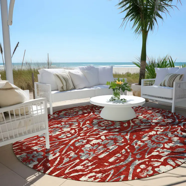 8' Red Ivory And Dark Gray Round Floral Washable Indoor Outdoor Area Rug