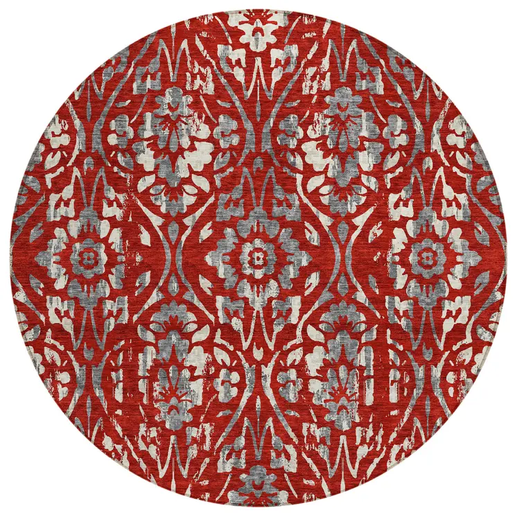 8' Red Ivory And Dark Gray Round Floral Washable Indoor Outdoor Area Rug