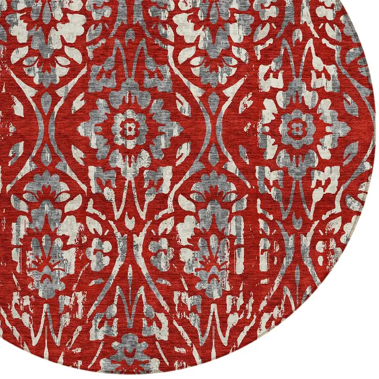 8' Red Ivory And Dark Gray Round Floral Washable Indoor Outdoor Area Rug