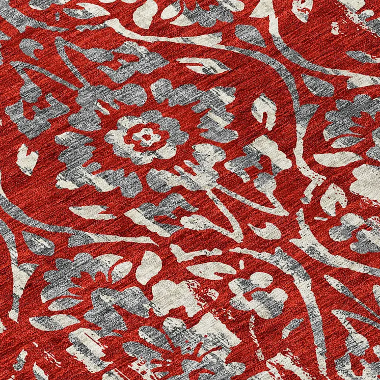 8' Red Ivory And Dark Gray Round Floral Washable Indoor Outdoor Area Rug
