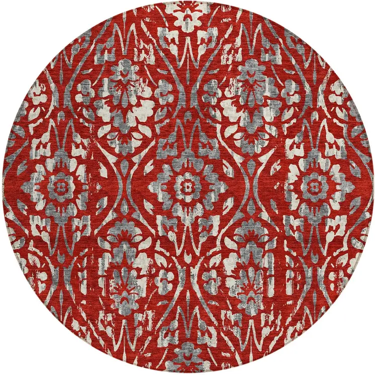8' Red Ivory And Dark Gray Round Floral Washable Indoor Outdoor Area Rug