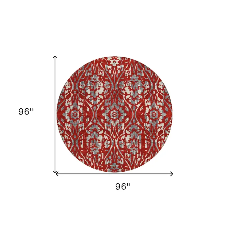 8' Red Ivory And Dark Gray Round Floral Washable Indoor Outdoor Area Rug