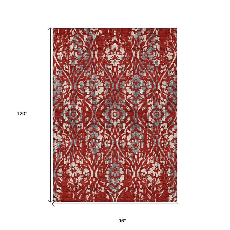 8' X 10' Red Ivory And Dark Gray Floral Washable Indoor Outdoor Area Rug