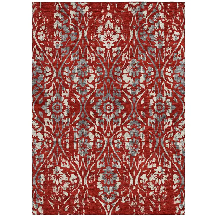8' X 10' Red Ivory And Dark Gray Floral Washable Indoor Outdoor Area Rug