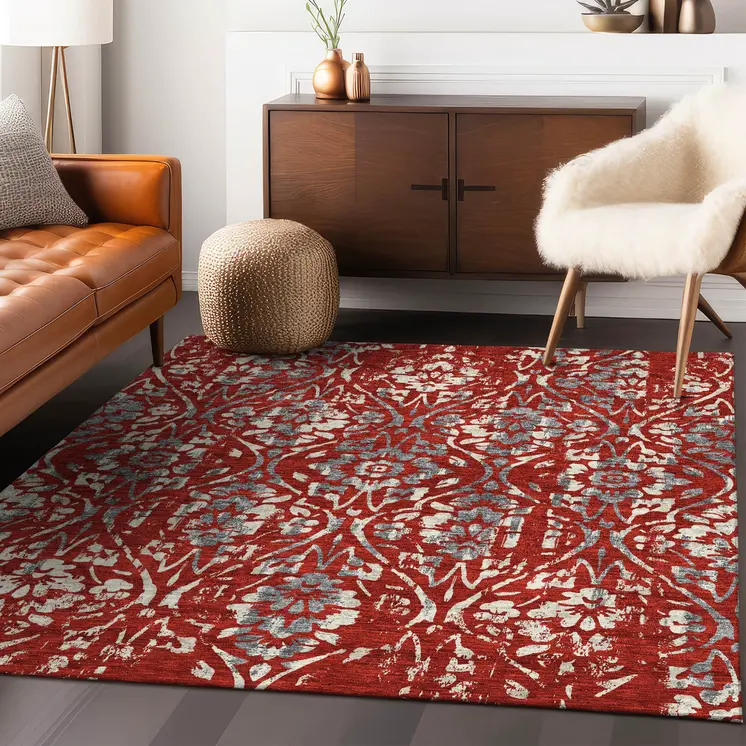 8' X 10' Red Ivory And Dark Gray Floral Washable Indoor Outdoor Area Rug