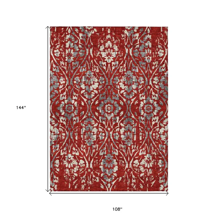 9' X 12' Red Ivory And Dark Gray Floral Washable Indoor Outdoor Area Rug