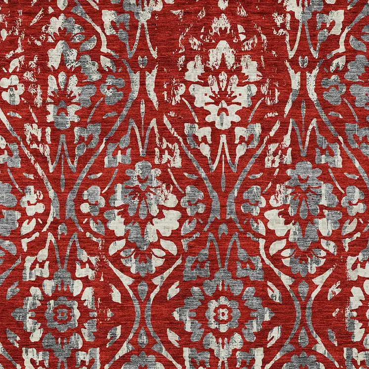 9' X 12' Red Ivory And Dark Gray Floral Washable Indoor Outdoor Area Rug