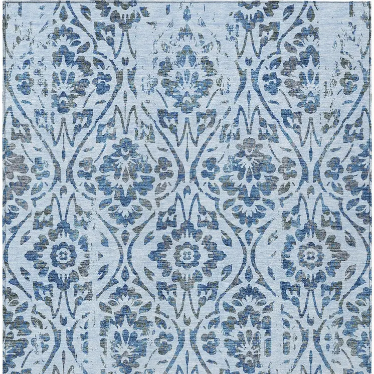 3' X 5' Sky Blue And Dark Blue Floral Washable Indoor Outdoor Area Rug