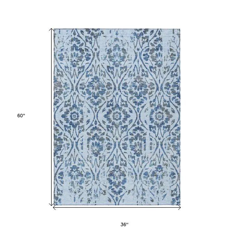 3' X 5' Sky Blue And Dark Blue Floral Washable Indoor Outdoor Area Rug
