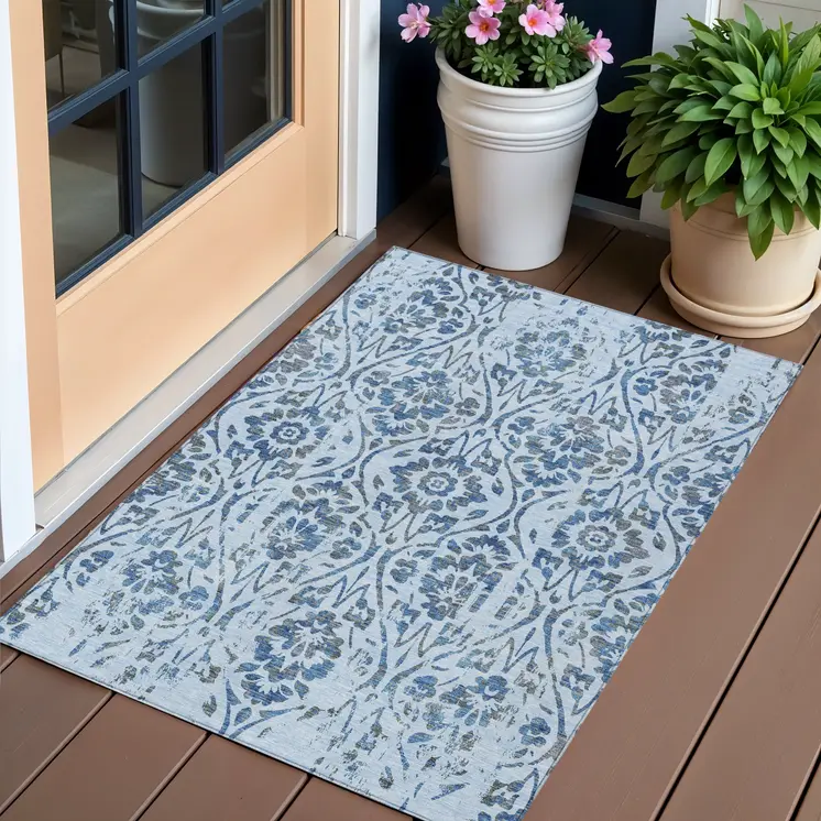 3' X 5' Sky Blue And Dark Blue Floral Washable Indoor Outdoor Area Rug