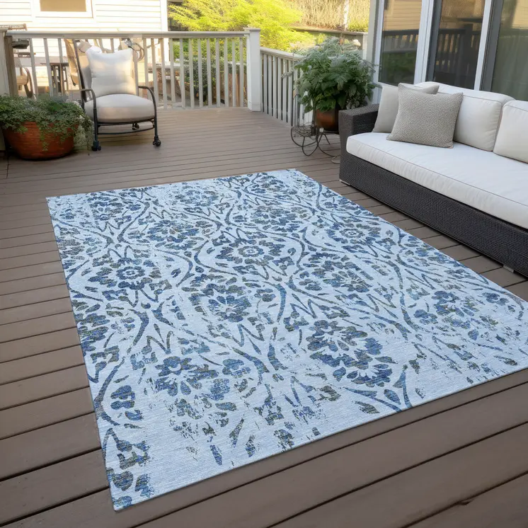 3' X 5' Sky Blue And Dark Blue Floral Washable Indoor Outdoor Area Rug