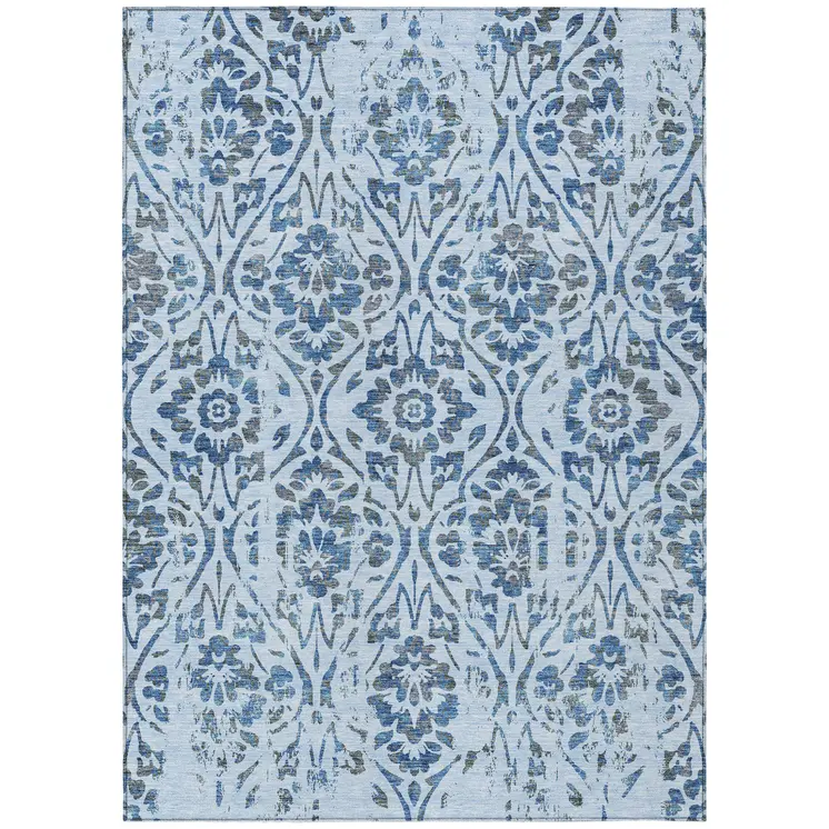 3' X 5' Sky Blue And Dark Blue Floral Washable Indoor Outdoor Area Rug