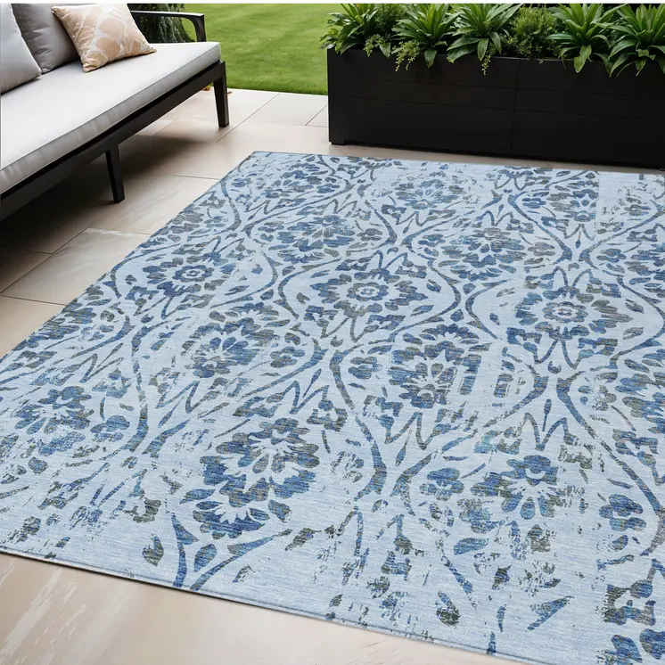 5' X 8' Sky Blue And Dark Blue Floral Washable Indoor Outdoor Area Rug