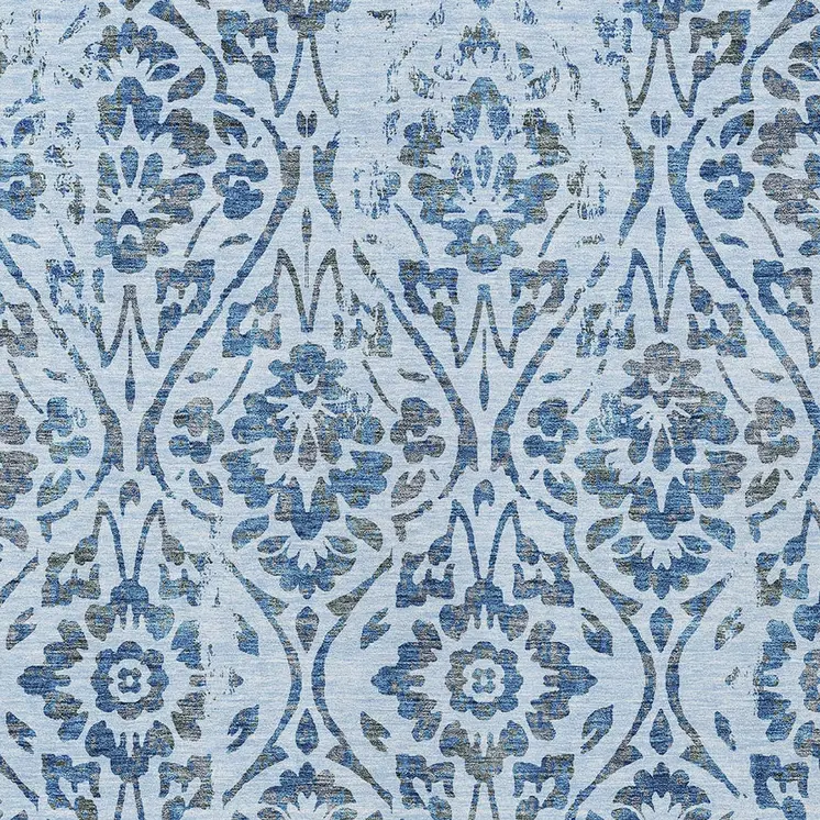 5' X 8' Sky Blue And Dark Blue Floral Washable Indoor Outdoor Area Rug