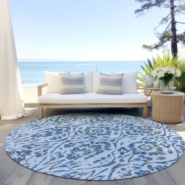 8' Sky Blue And Dark Blue Round Floral Washable Indoor Outdoor Area Rug