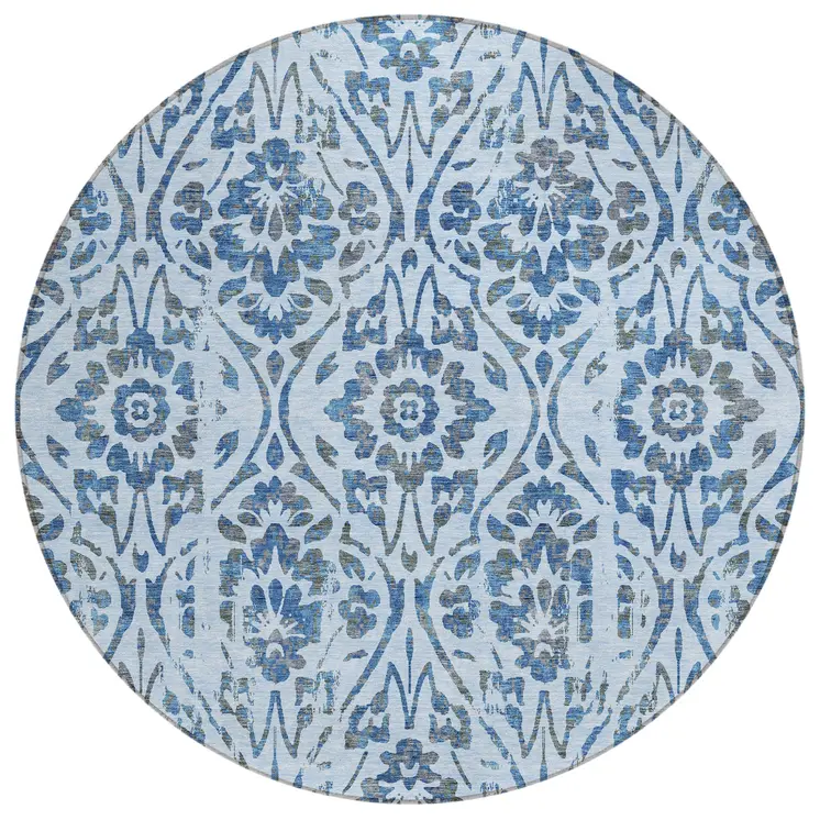 8' Sky Blue And Dark Blue Round Floral Washable Indoor Outdoor Area Rug