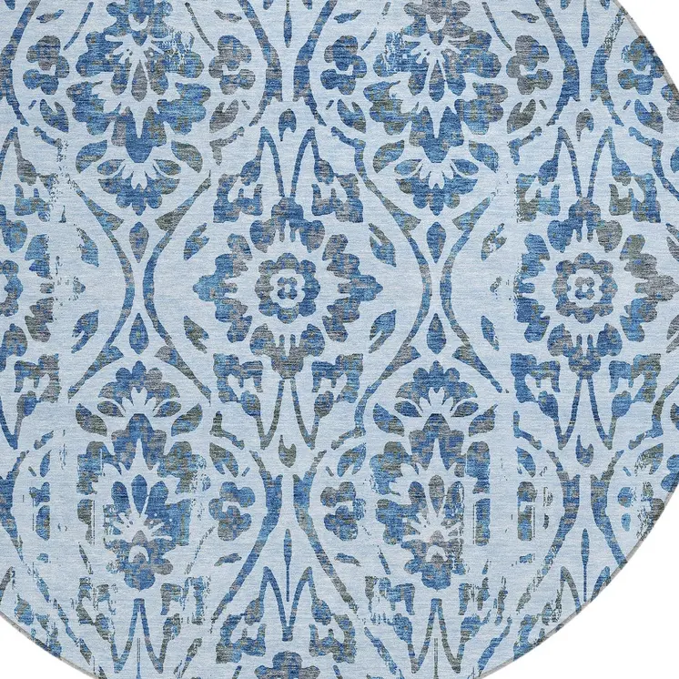 8' Sky Blue And Dark Blue Round Floral Washable Indoor Outdoor Area Rug