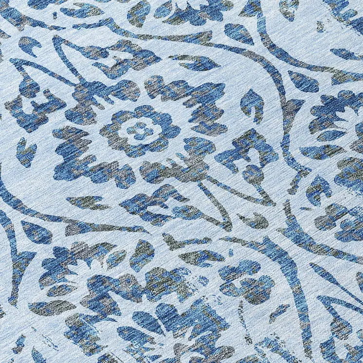 8' Sky Blue And Dark Blue Round Floral Washable Indoor Outdoor Area Rug