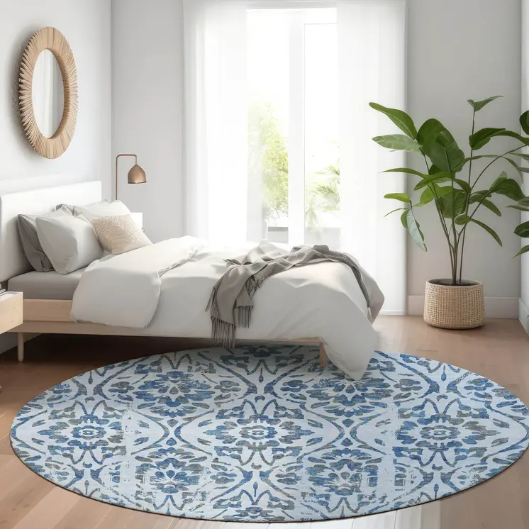 8' Sky Blue And Dark Blue Round Floral Washable Indoor Outdoor Area Rug