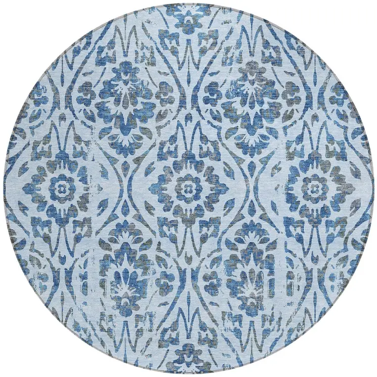 8' Sky Blue And Dark Blue Round Floral Washable Indoor Outdoor Area Rug