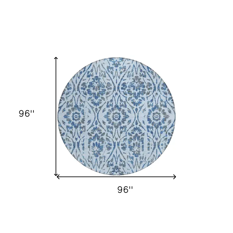 8' Sky Blue And Dark Blue Round Floral Washable Indoor Outdoor Area Rug