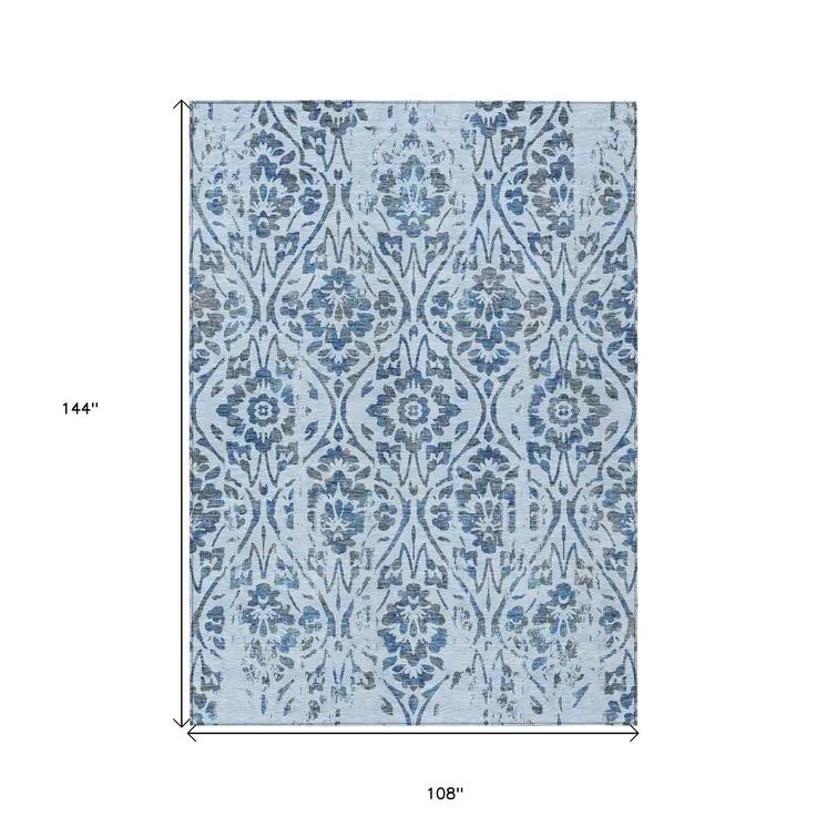 9' X 12' Sky Blue And Dark Blue Floral Washable Indoor Outdoor Area Rug