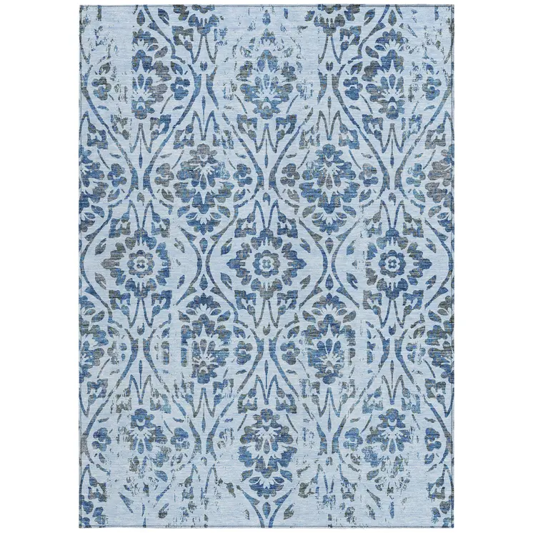 9' X 12' Sky Blue And Dark Blue Floral Washable Indoor Outdoor Area Rug