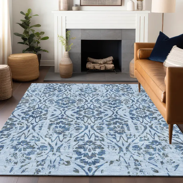 9' X 12' Sky Blue And Dark Blue Floral Washable Indoor Outdoor Area Rug