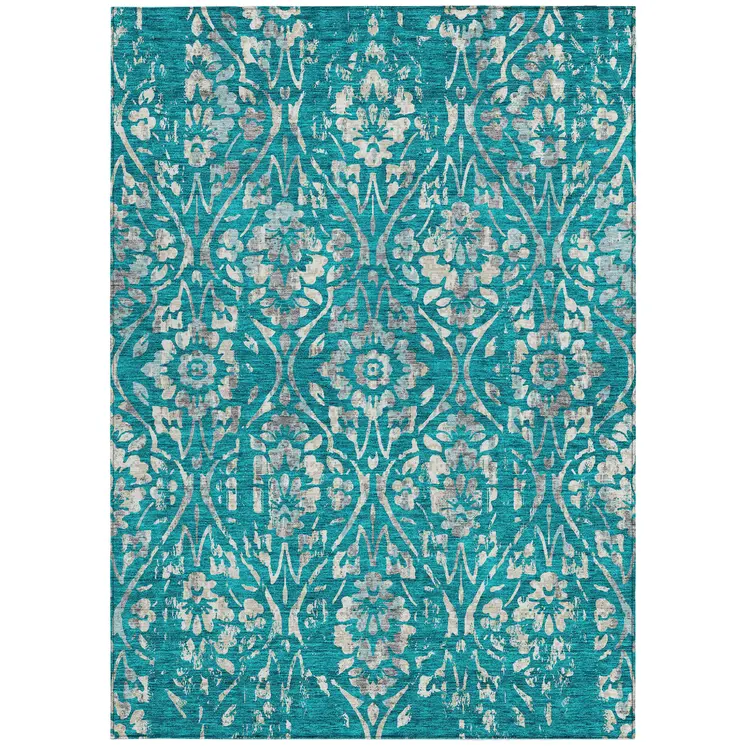 3' X 5' Teal Blue And Ivory Floral Washable Indoor Outdoor Area Rug
