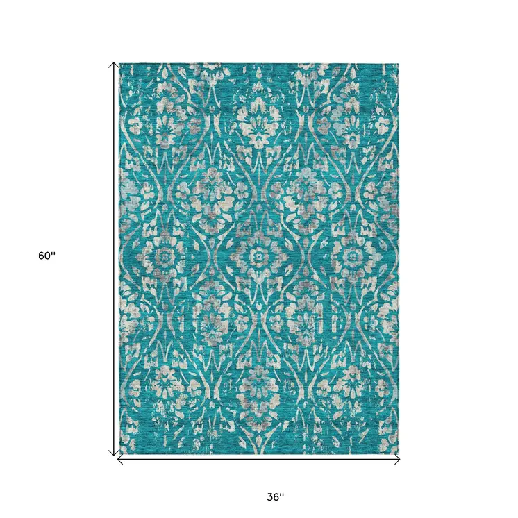 3' X 5' Teal Blue And Ivory Floral Washable Indoor Outdoor Area Rug
