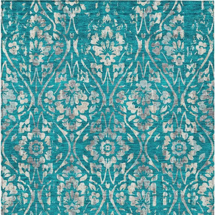 5' X 8' Teal Blue And Ivory Floral Washable Indoor Outdoor Area Rug