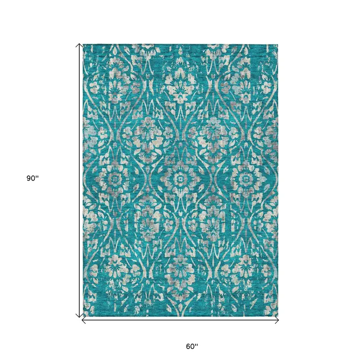 5' X 8' Teal Blue And Ivory Floral Washable Indoor Outdoor Area Rug