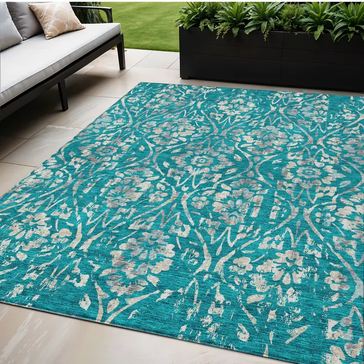 5' X 8' Teal Blue And Ivory Floral Washable Indoor Outdoor Area Rug