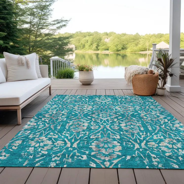 5' X 8' Teal Blue And Ivory Floral Washable Indoor Outdoor Area Rug