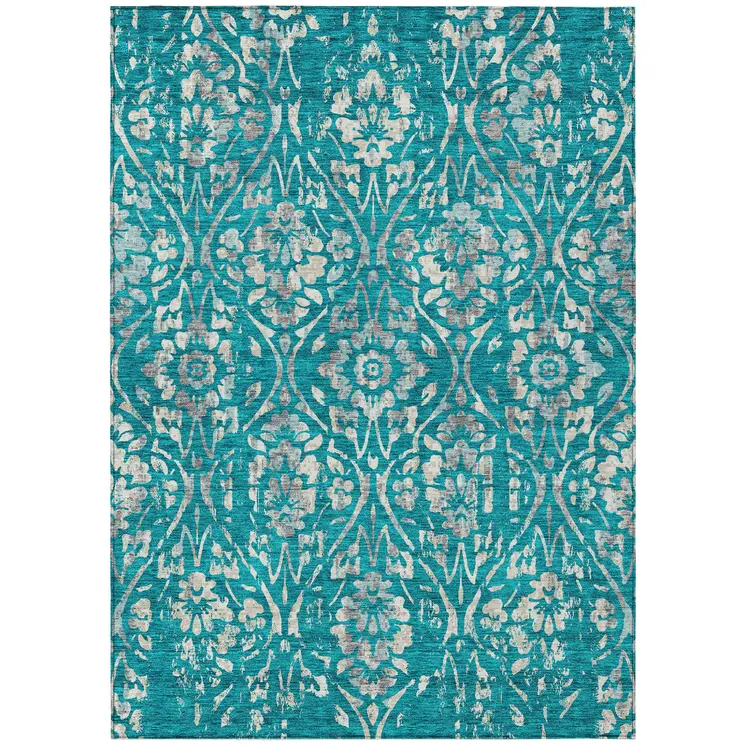 5' X 8' Teal Blue And Ivory Floral Washable Indoor Outdoor Area Rug