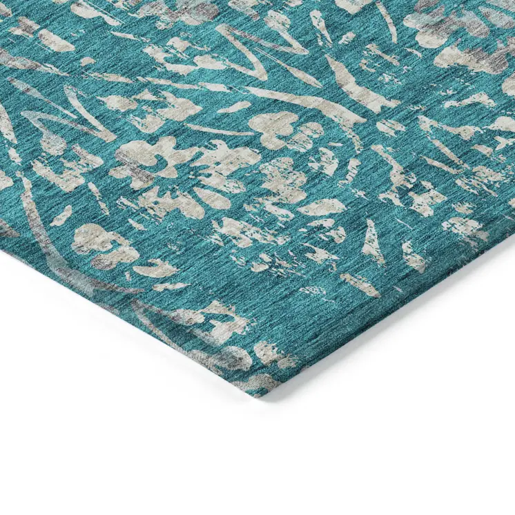 5' X 8' Teal Blue And Ivory Floral Washable Indoor Outdoor Area Rug