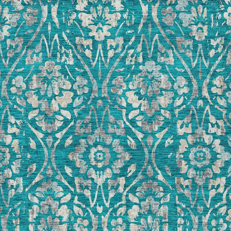 5' X 8' Teal Blue And Ivory Floral Washable Indoor Outdoor Area Rug