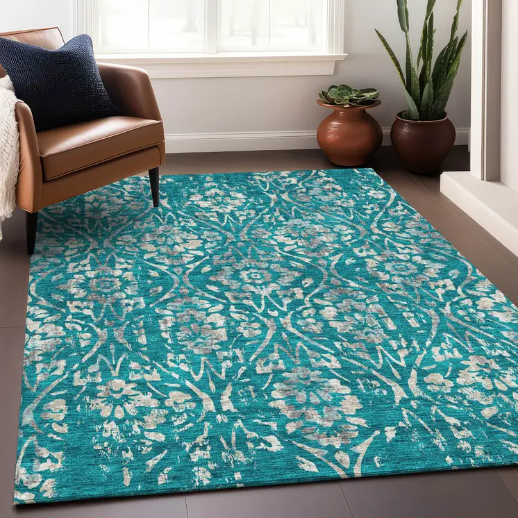 5' X 8' Teal Blue And Ivory Floral Washable Indoor Outdoor Area Rug