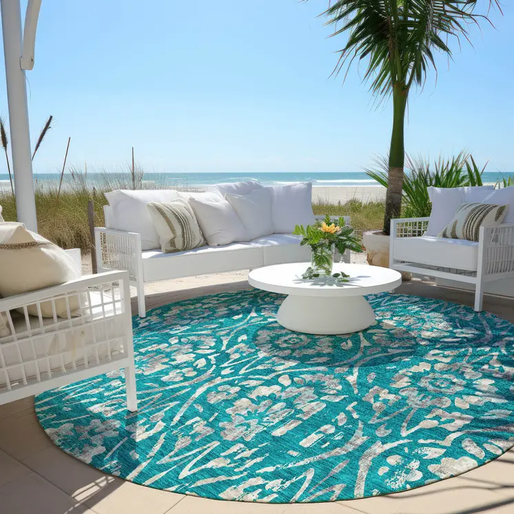 8' Teal Blue And Ivory Round Floral Washable Indoor Outdoor Area Rug