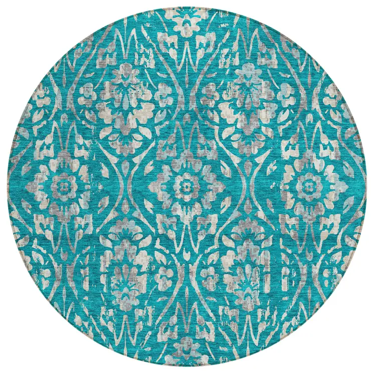 8' Teal Blue And Ivory Round Floral Washable Indoor Outdoor Area Rug