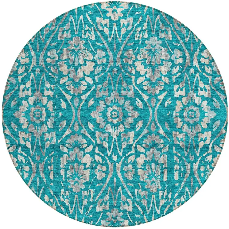 8' Teal Blue And Ivory Round Floral Washable Indoor Outdoor Area Rug