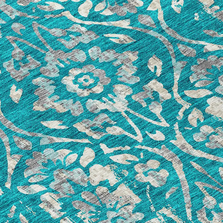 8' Teal Blue And Ivory Round Floral Washable Indoor Outdoor Area Rug