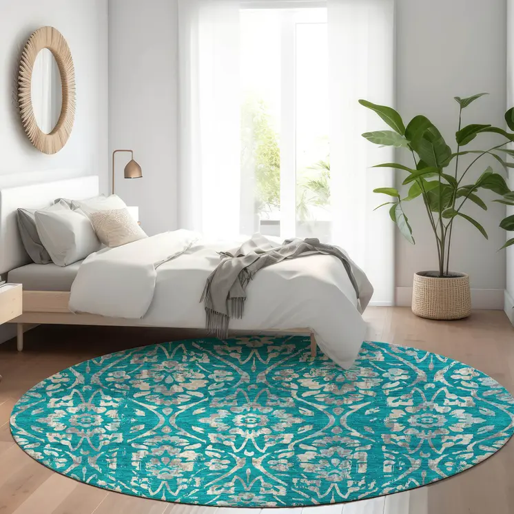 8' Teal Blue And Ivory Round Floral Washable Indoor Outdoor Area Rug