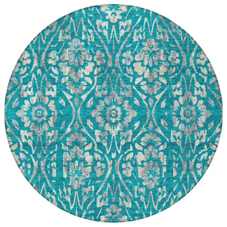 8' Teal Blue And Ivory Round Floral Washable Indoor Outdoor Area Rug