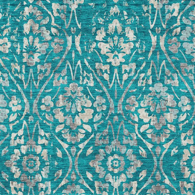 9' X 12' Teal Blue And Ivory Floral Washable Indoor Outdoor Area Rug
