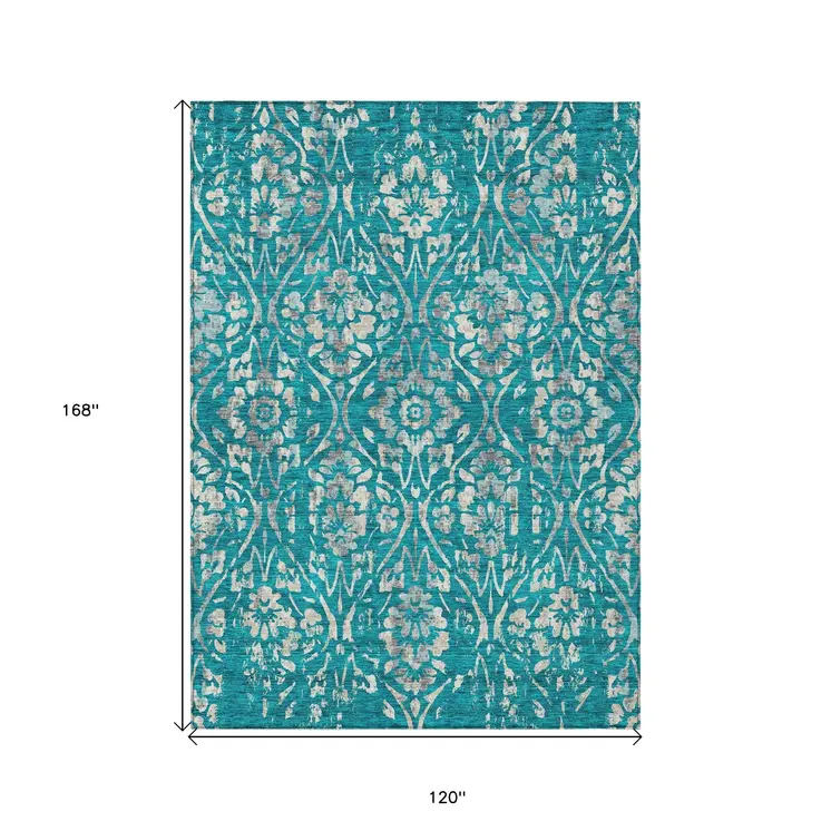 10' X 14' Teal Blue And Ivory Floral Washable Indoor Outdoor Area Rug