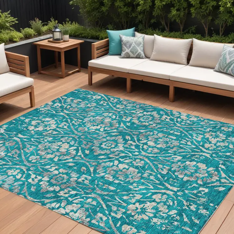 10' X 14' Teal Blue And Ivory Floral Washable Indoor Outdoor Area Rug