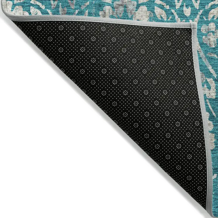 10' X 14' Teal Blue And Ivory Floral Washable Indoor Outdoor Area Rug