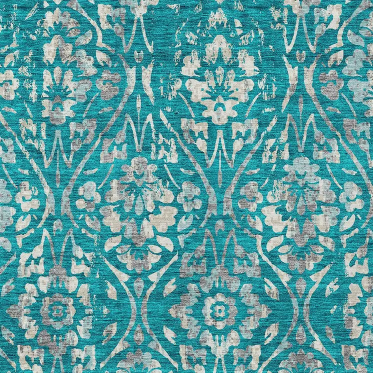 10' X 14' Teal Blue And Ivory Floral Washable Indoor Outdoor Area Rug